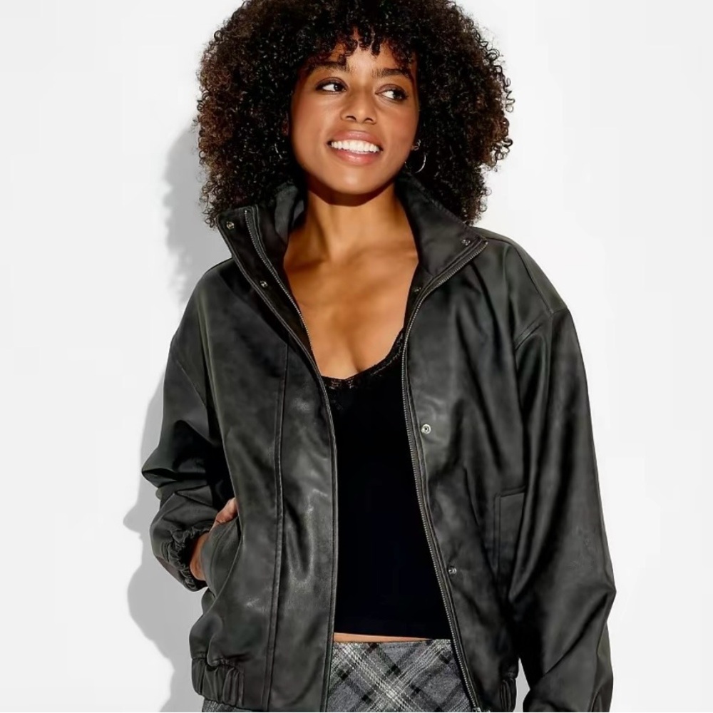 wild fable Black Faux-Leather Bomber Jacket